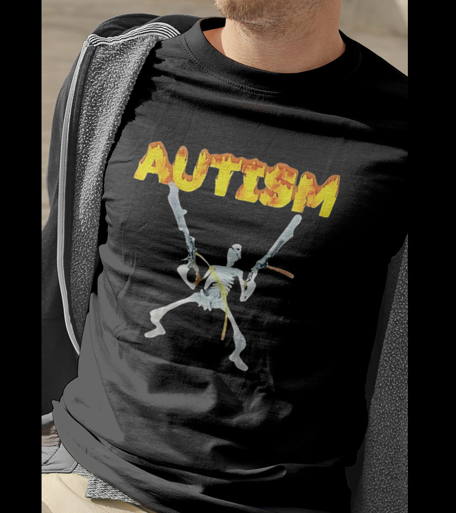 Autism Skeleton With Swords And Fire Letters T-Shirt