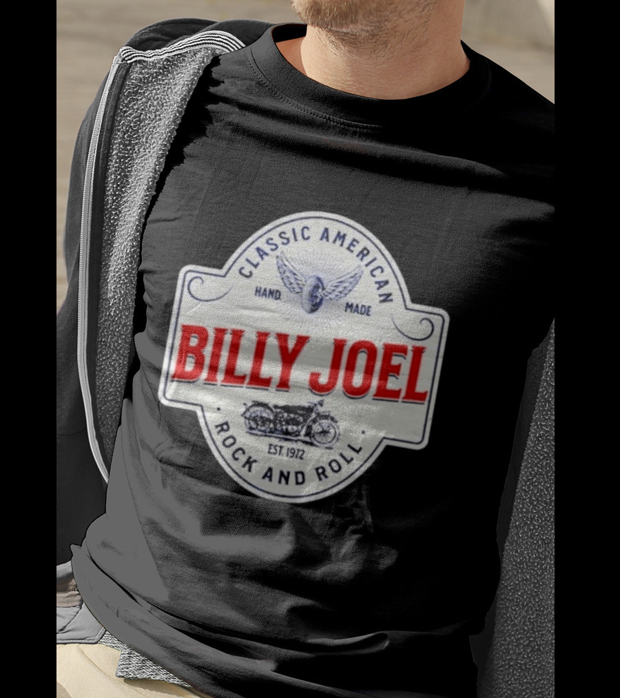 Billy Joel Classic American Hand Made Rock And Roll Est 1972 Motorcycle T-Shirt