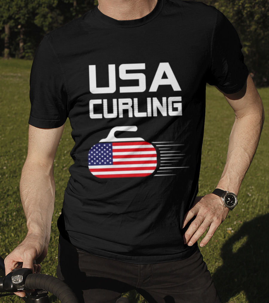 USA Curling American Flag Stone T-Shirt