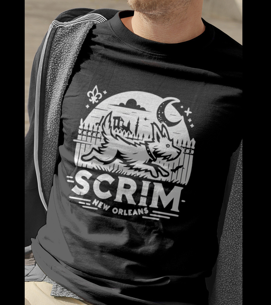 New Orleans Scrim Houdini Hound Live Free Or Bark Trying Moonlit Skyline T-Shirt