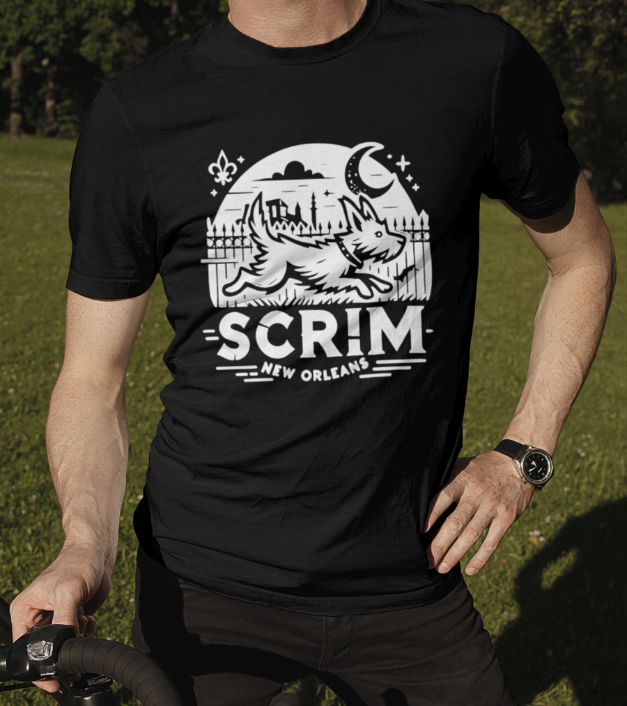 New Orleans Scrim Houdini Hound Live Free Or Bark Trying Moonlit Skyline T-Shirt