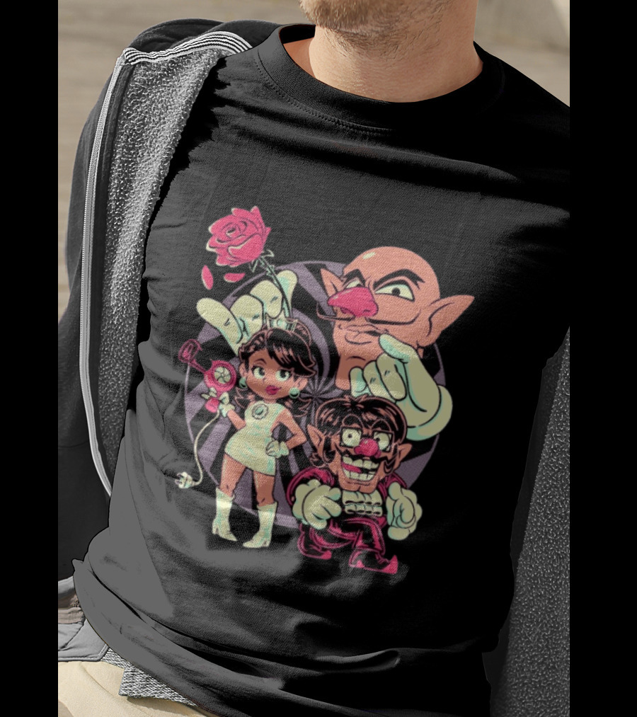 Henrique Torres Oh Be Wah Ve Vintage Cartoon Style Characters And Rose With Electric Plug T-Shirt