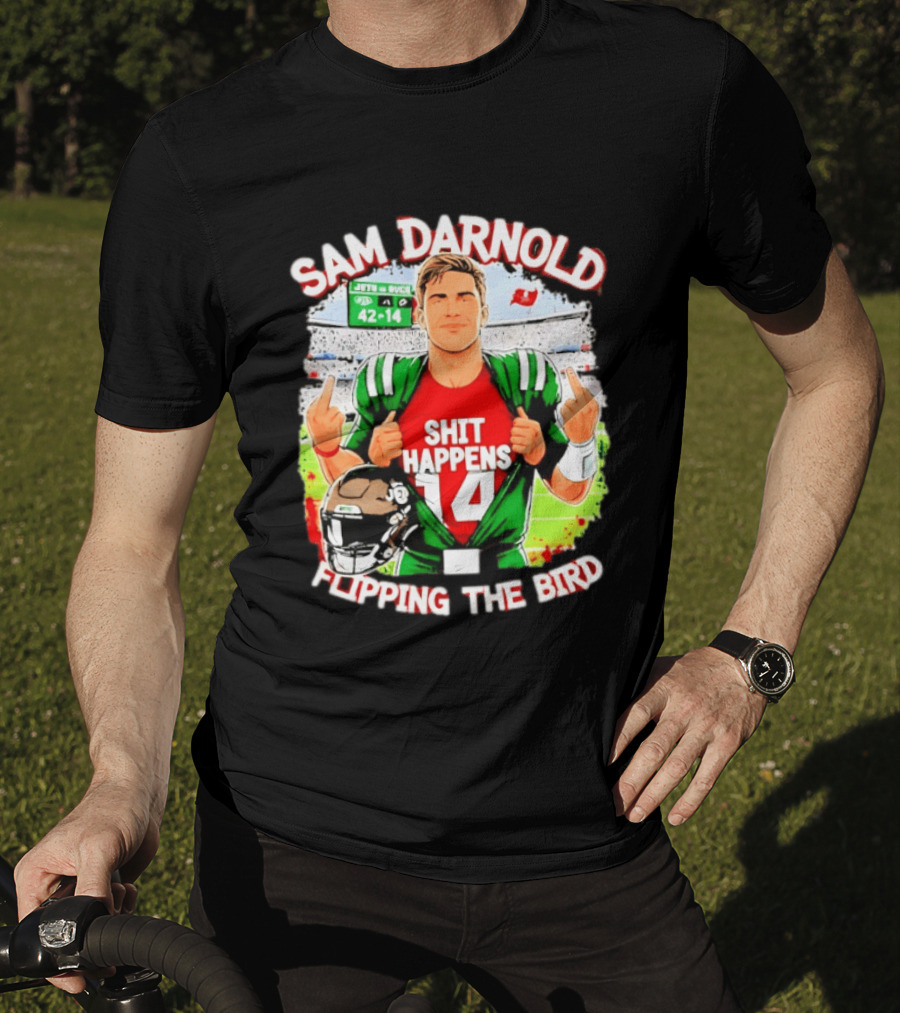Sam Darnold Shit Happens 14 Flipping The Bird Stadium 42 14 T-Shirt