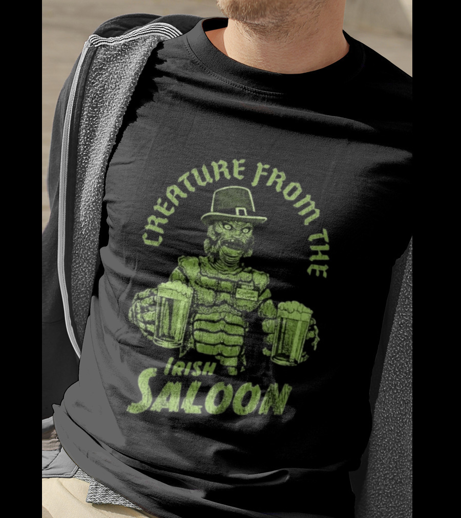 St Patrick's Day Creature From The Irish Saloon Beers Monster In Hat And Name Tag Holding Two Pints T-Shirt