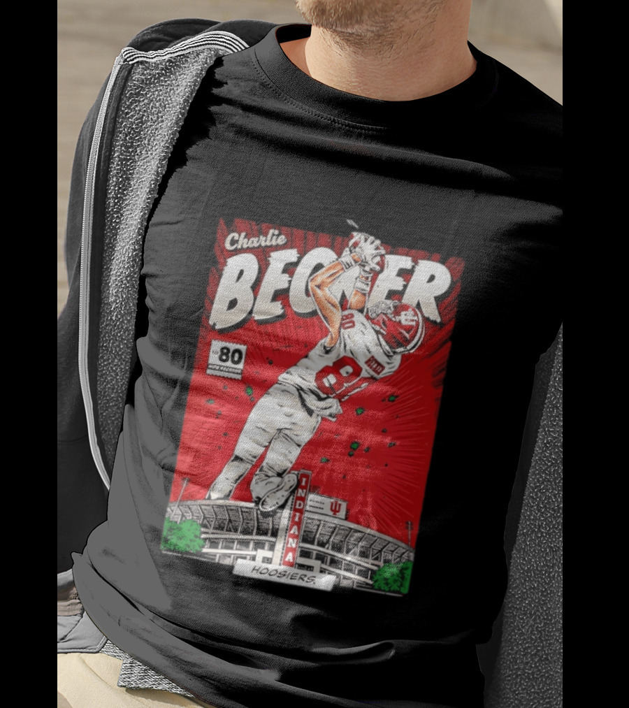 Charlie Becker Indiana Hoosiers No 80 Football Catch Comic Stadium Scene T-Shirt