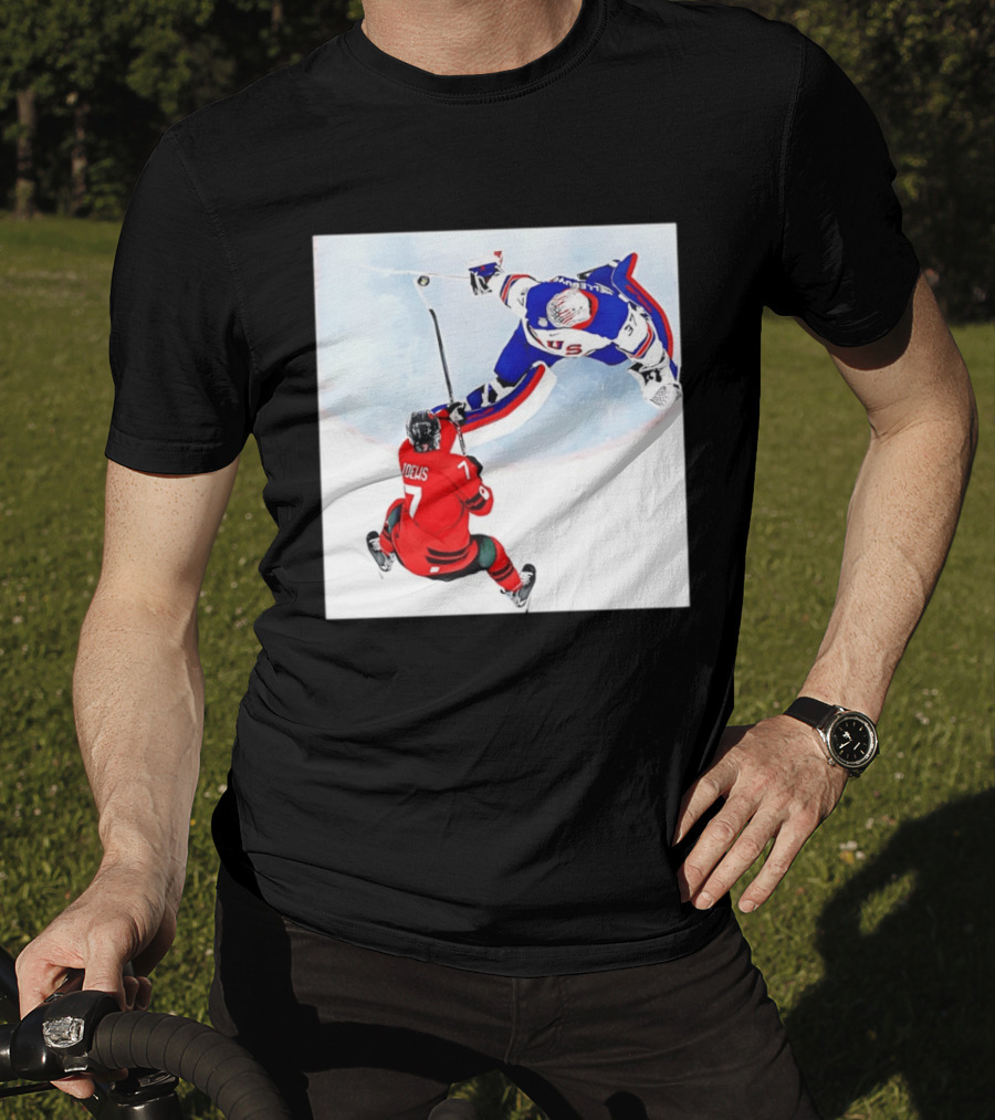 Connor Hellebuyck USA Goalie Save Hockey Match T-Shirt