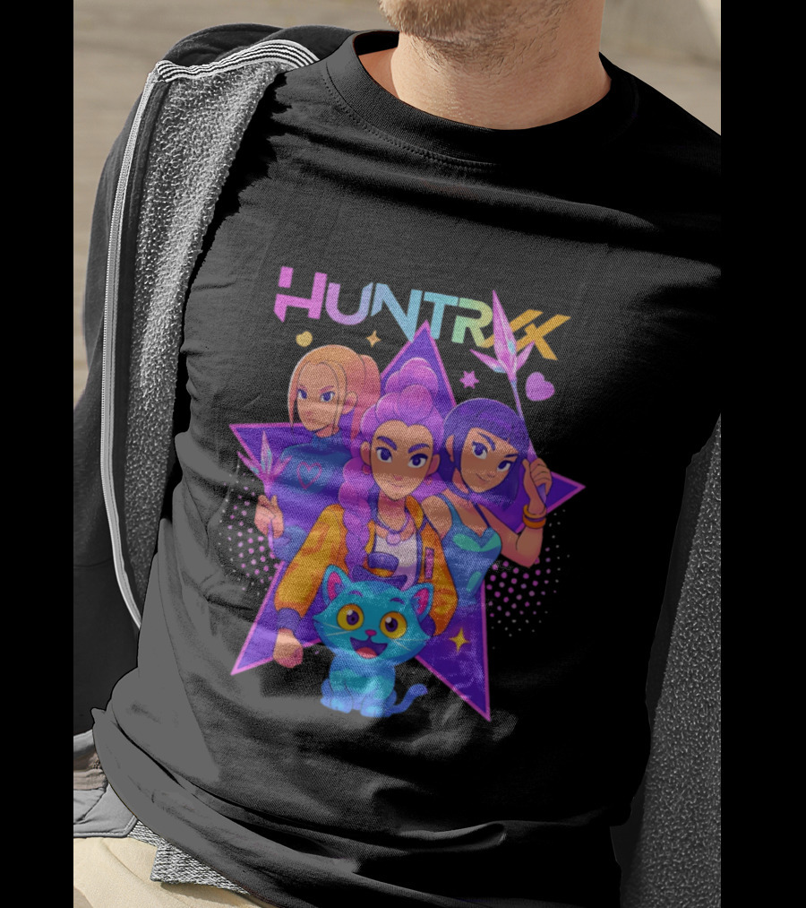 Huntrx Anime All Characters Vibrant Magical Trio And Blue Cat With Crystal Stars T-Shirt