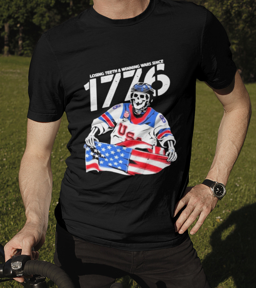 Losing Teeth Winning Wars Since 1776 USA Hockey Skeleton American Flag T-Shirt