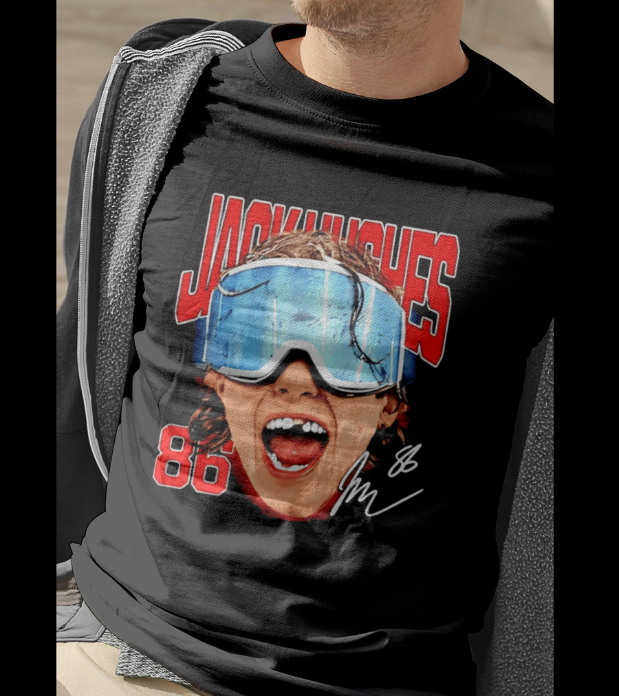 Jack Hughes New Jersey Devils 86 Goggles Signature T-Shirt