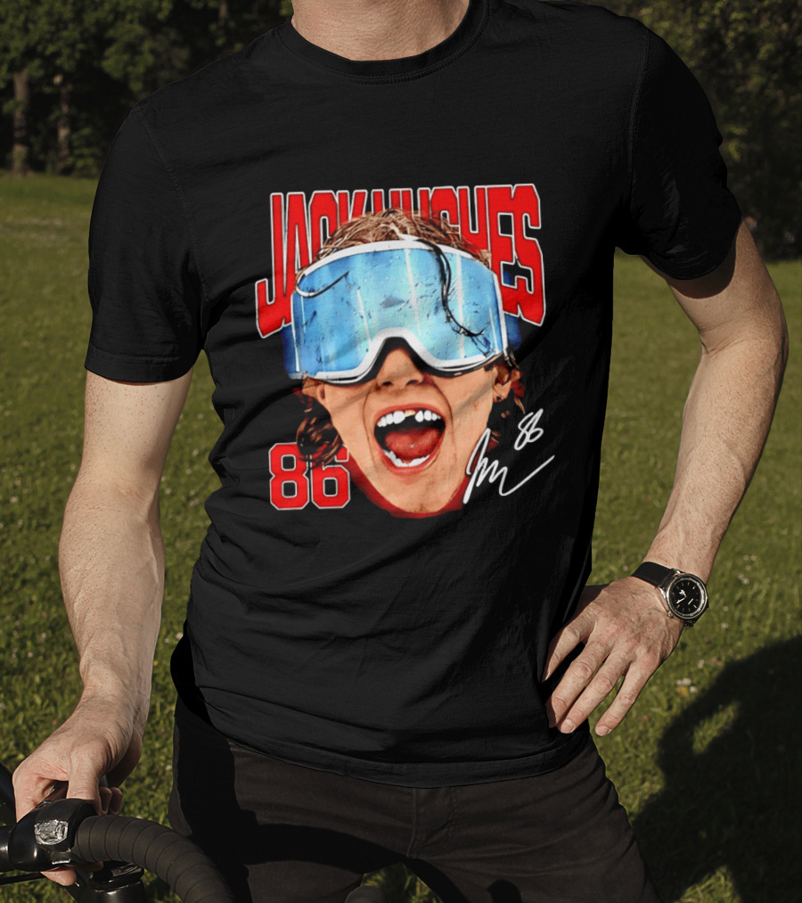 Jack Hughes New Jersey Devils 86 Goggles Signature T-Shirt