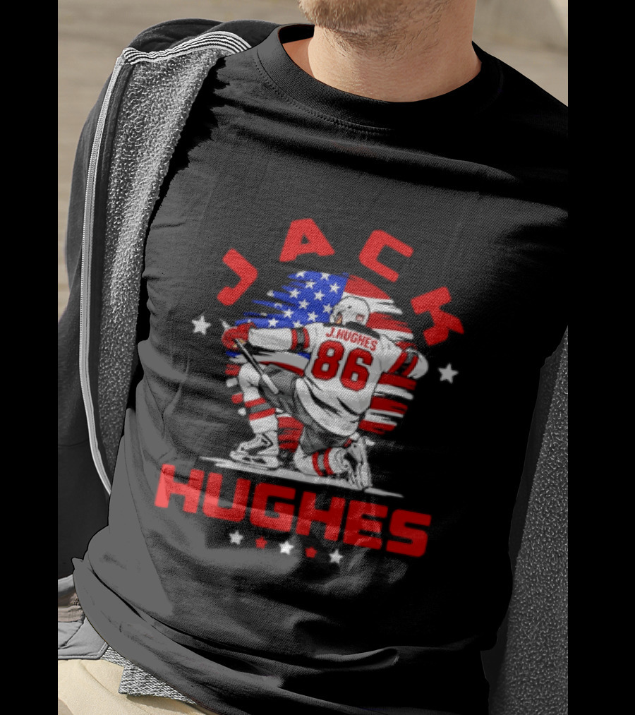 Jack Hughes 86 New Jersey Devils USA Flag Celebration T-Shirt