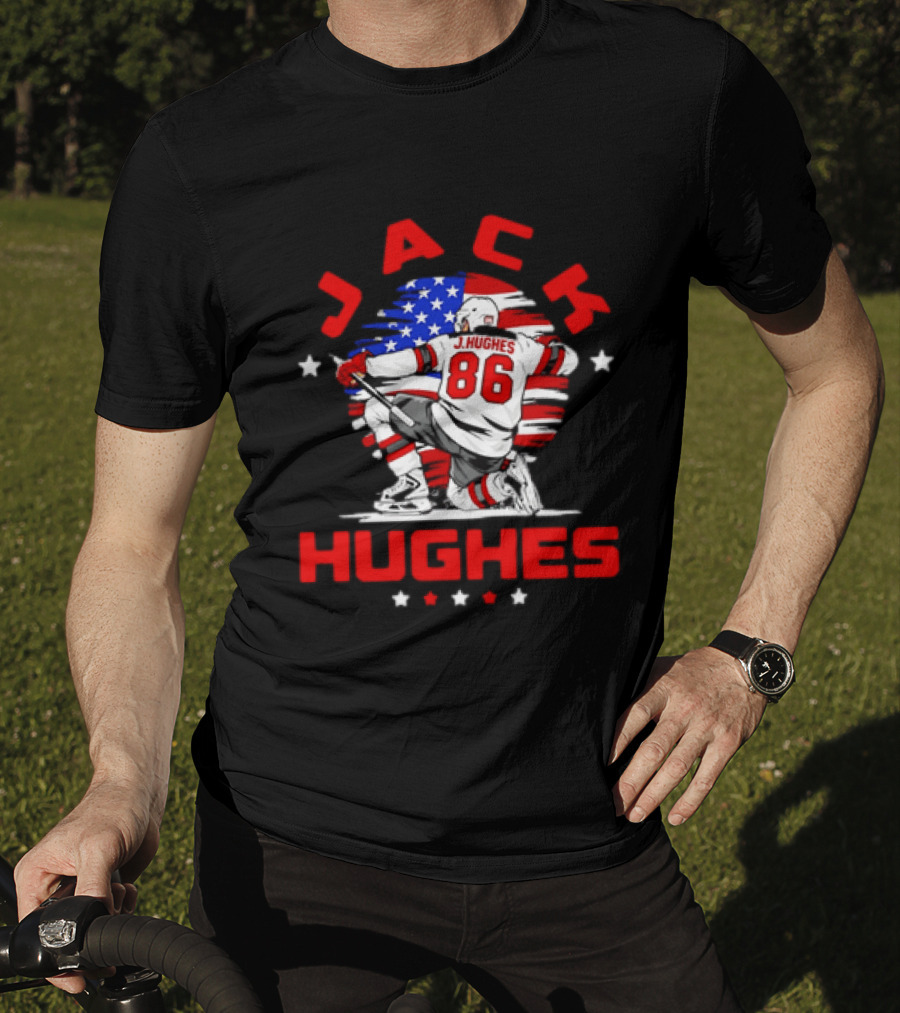 Jack Hughes 86 New Jersey Devils USA Flag Celebration T-Shirt