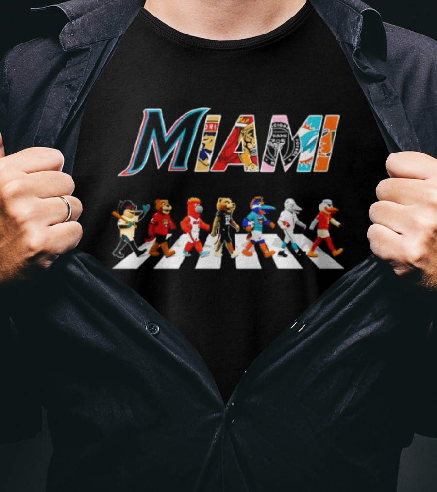Miami Dolphins Heat Panthers Inter Miami CF Characters Walk Across Road T-Shirt