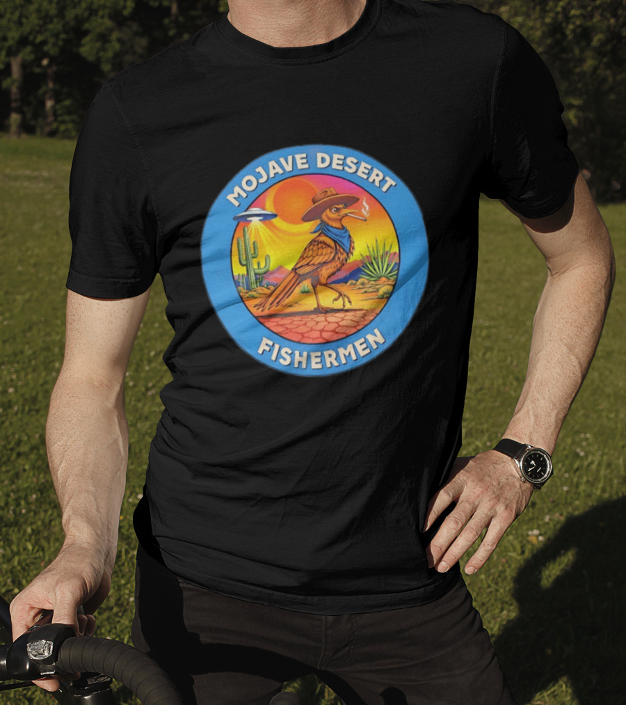 Mojave Desert Fishermen UFO Roadrunner Cowboy Sunset Cactus Circle T-Shirt