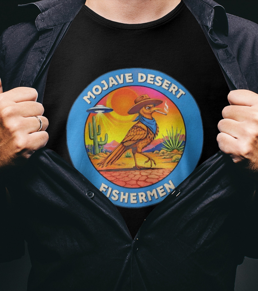 Mojave Desert Fishermen UFO Roadrunner Cowboy Sunset Cactus Circle T-Shirt