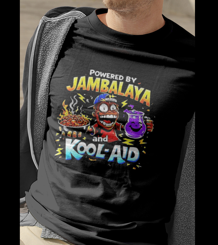 Powered By Jambalaya And Kool Aid Bold Colors Cartoon Character Fun T-Shirt
