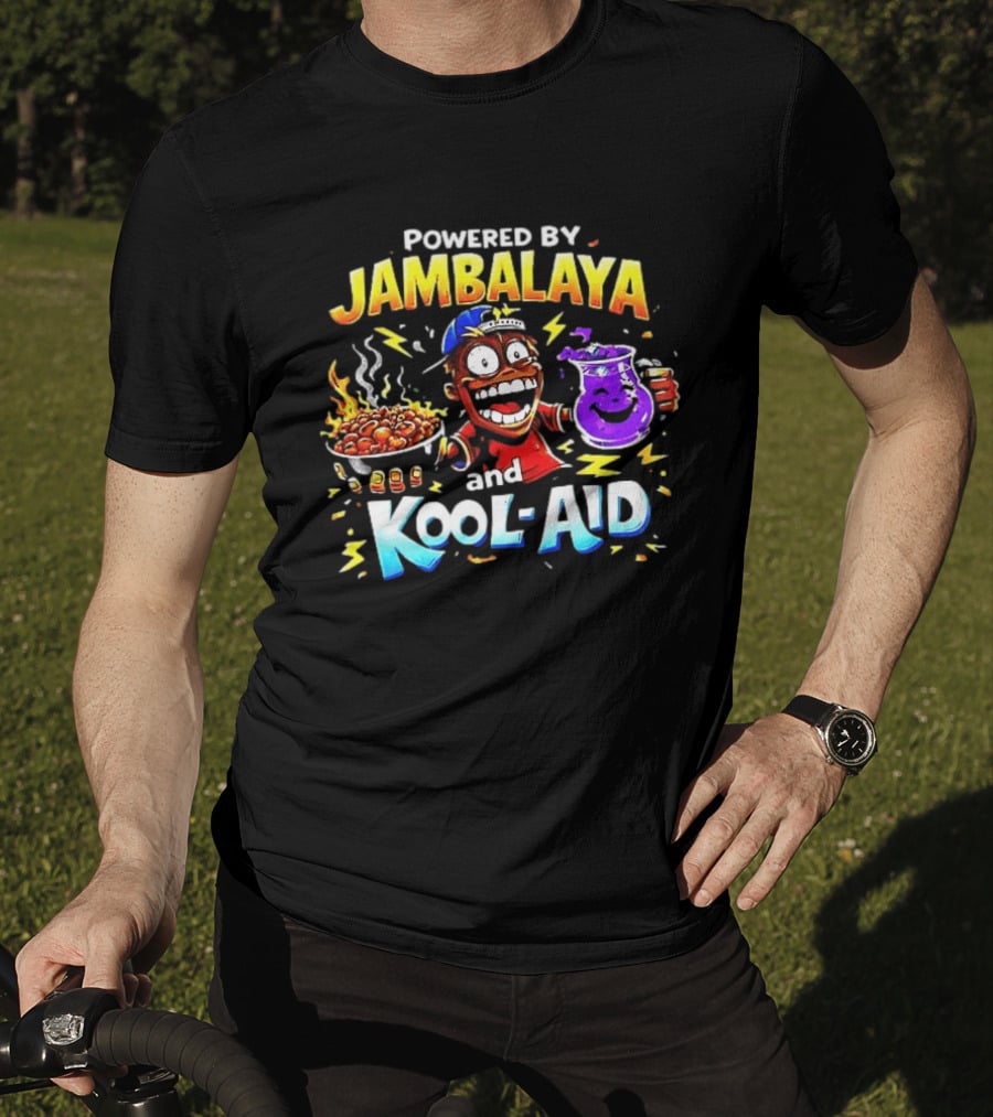 Powered By Jambalaya And Kool Aid Bold Colors Cartoon Character Fun T-Shirt