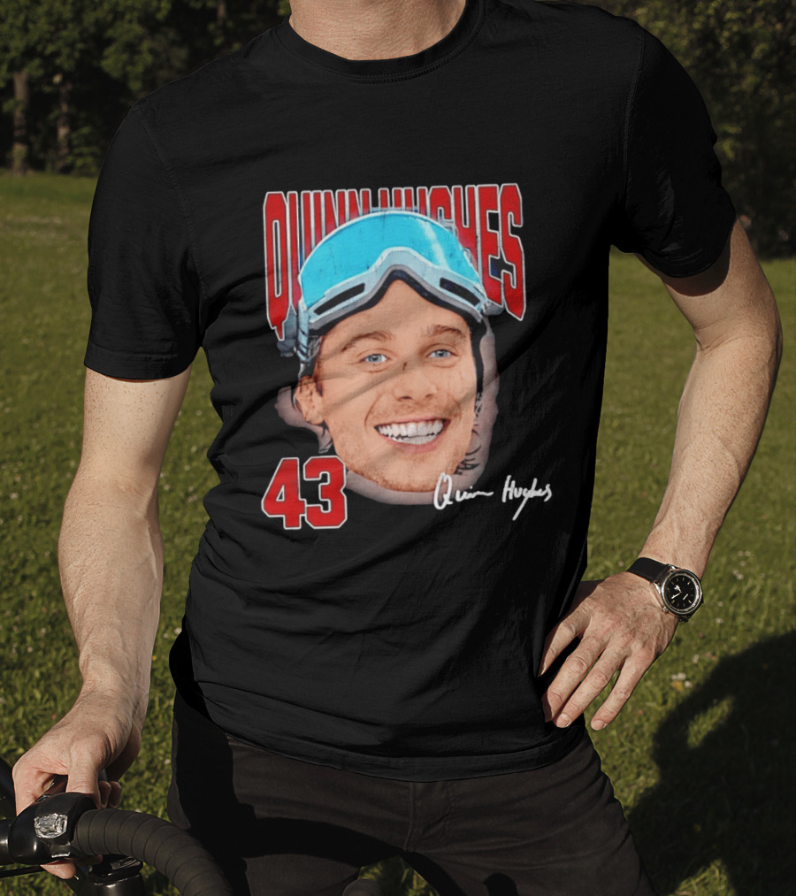 Quinn Hughes Big Head Goggles 43 Signature T-Shirt