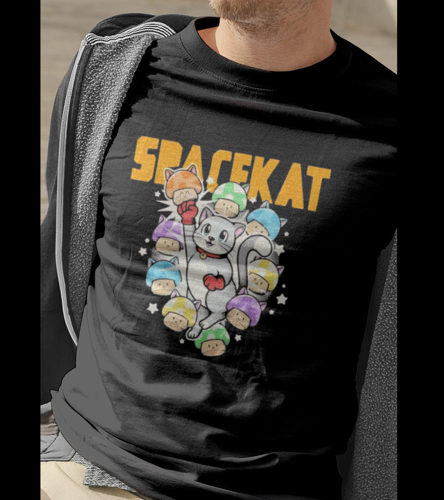 Spacekat Cat Surrounded By Colorful Mushroom Characters T-Shirt