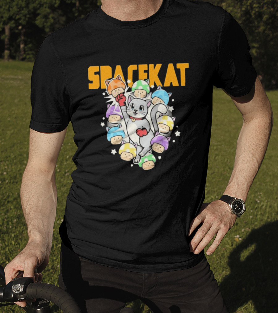 Spacekat Cat Surrounded By Colorful Mushroom Characters T-Shirt