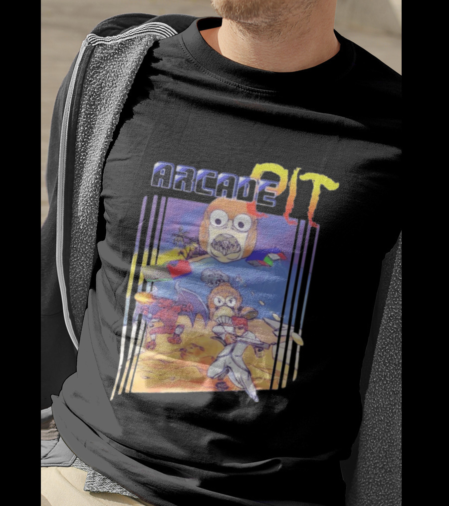 Arcade Pit Smight X Contra Characters And Cartoon Face Beach Scene T-Shirt