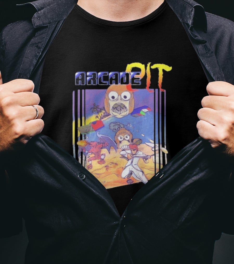 Arcade Pit Smight X Contra Characters And Cartoon Face Beach Scene T-Shirt