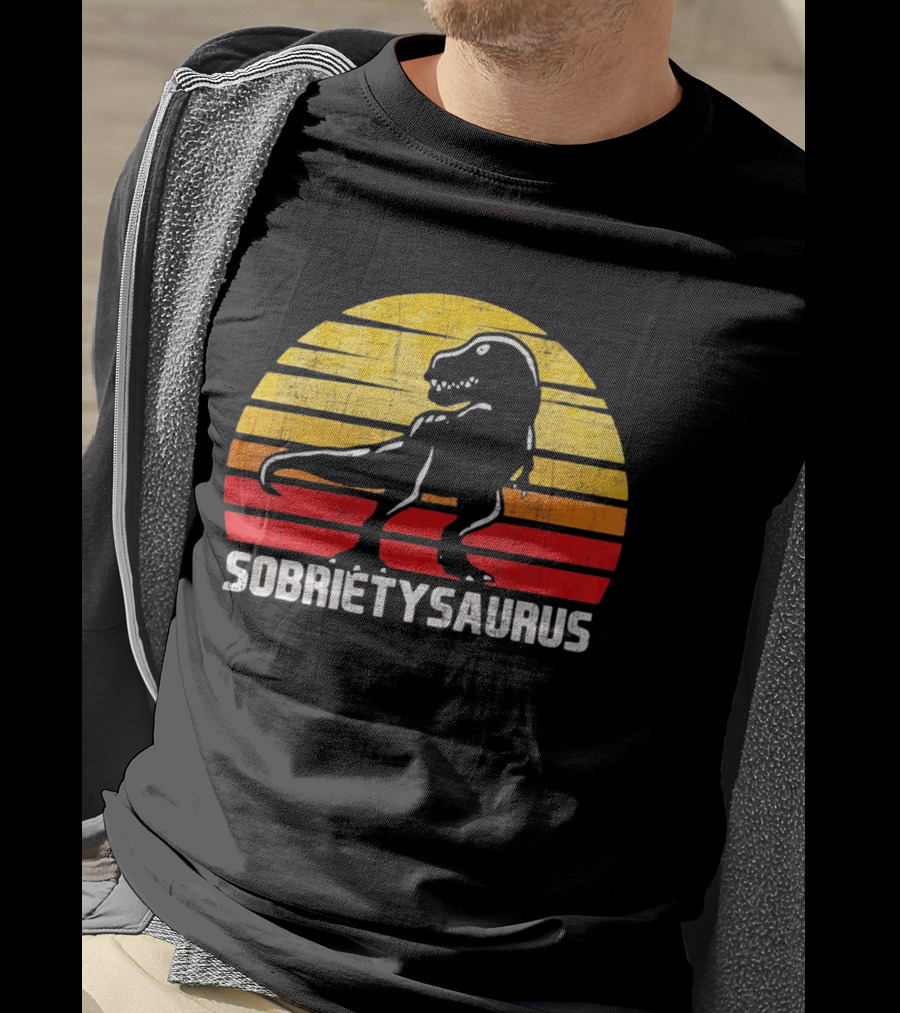 Sober Sobrietysaurus Sobriety Anniversary Recovery Rex Sunset T-Shirt