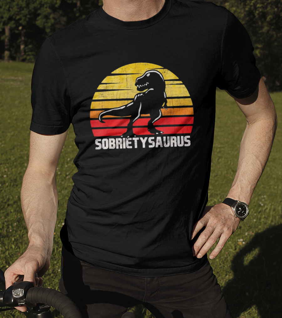 Sober Sobrietysaurus Sobriety Anniversary Recovery Rex Sunset T-Shirt