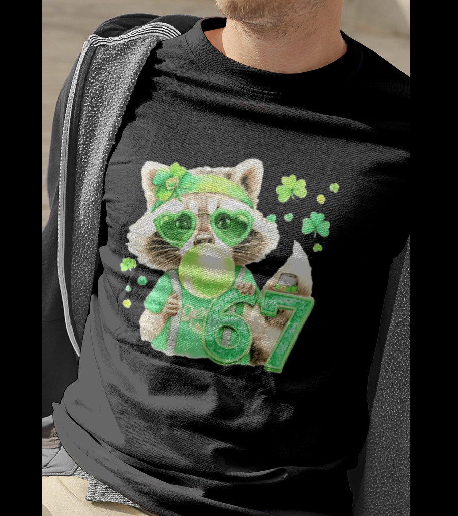 St Patrick's Day Raccoon With Shamrock Heart Glasses And 67 Bubblegum T-Shirt