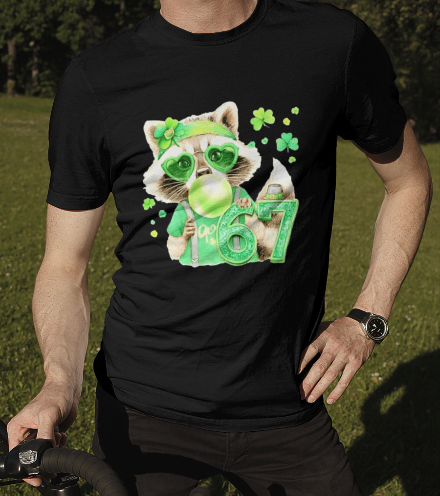 St Patrick's Day Raccoon With Shamrock Heart Glasses And 67 Bubblegum T-Shirt