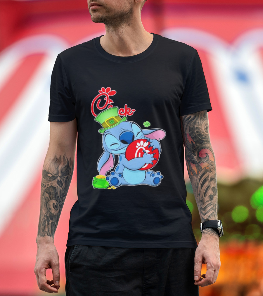 Stitch Holding Chick fil A Logo with St. Patrick's Day Hat and Clover T-Shirt
