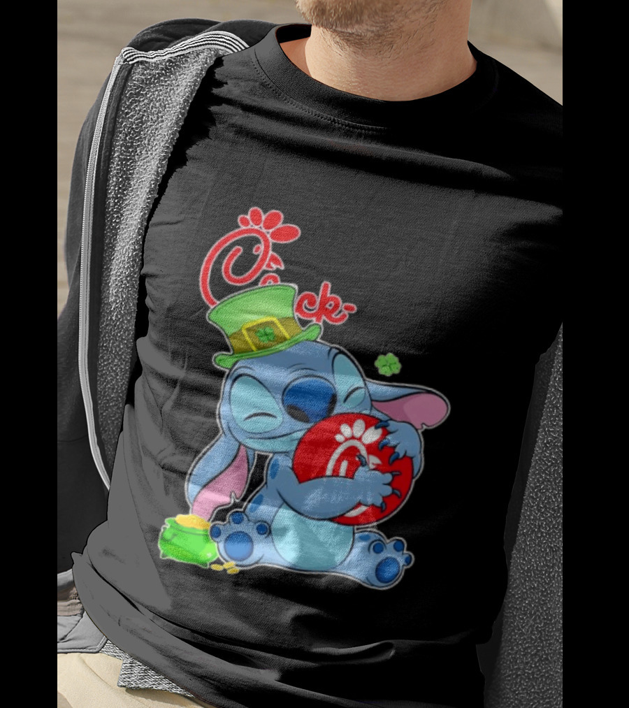 Stitch Holding Chick Fil A Logo With St. Patrick's Day Hat And Clover T-Shirt