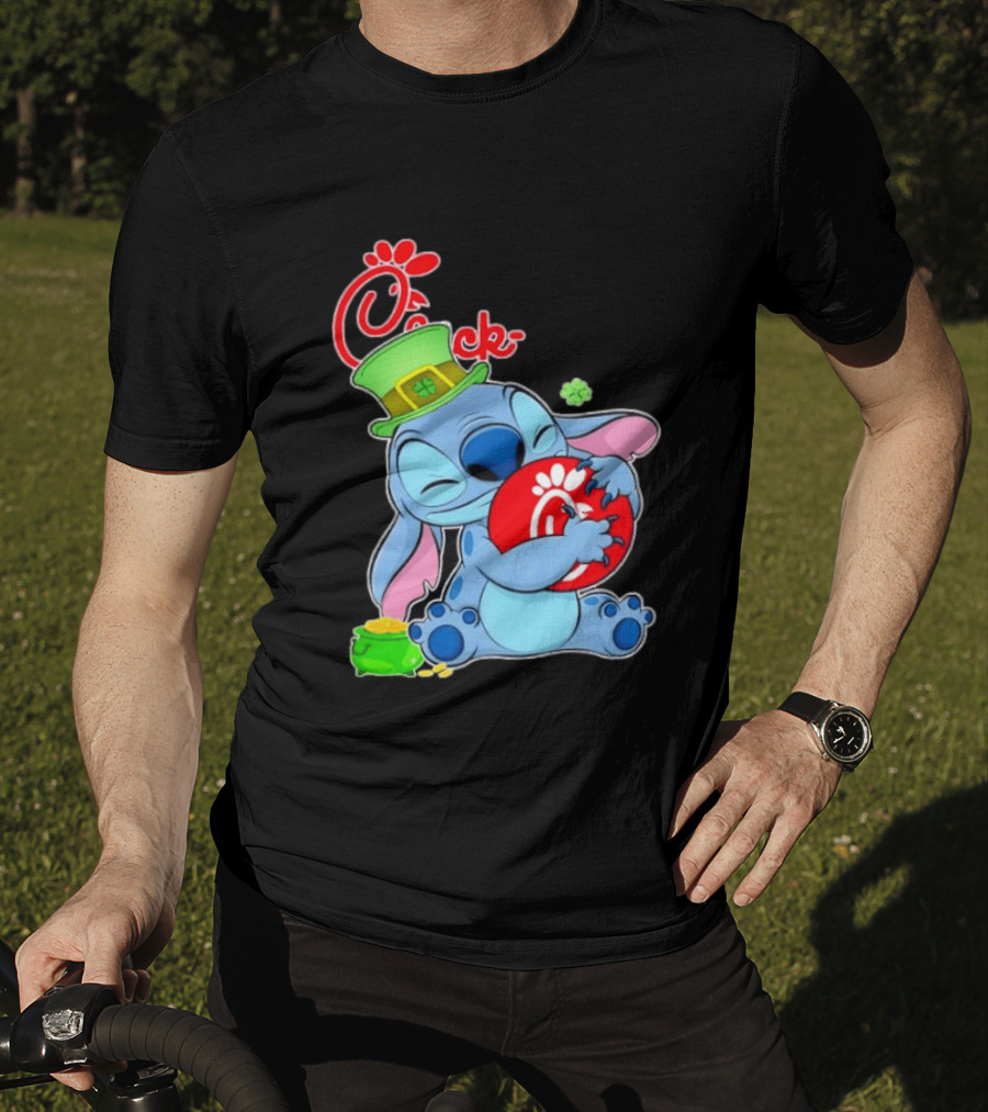 Stitch Holding Chick Fil A Logo With St. Patrick's Day Hat And Clover T-Shirt