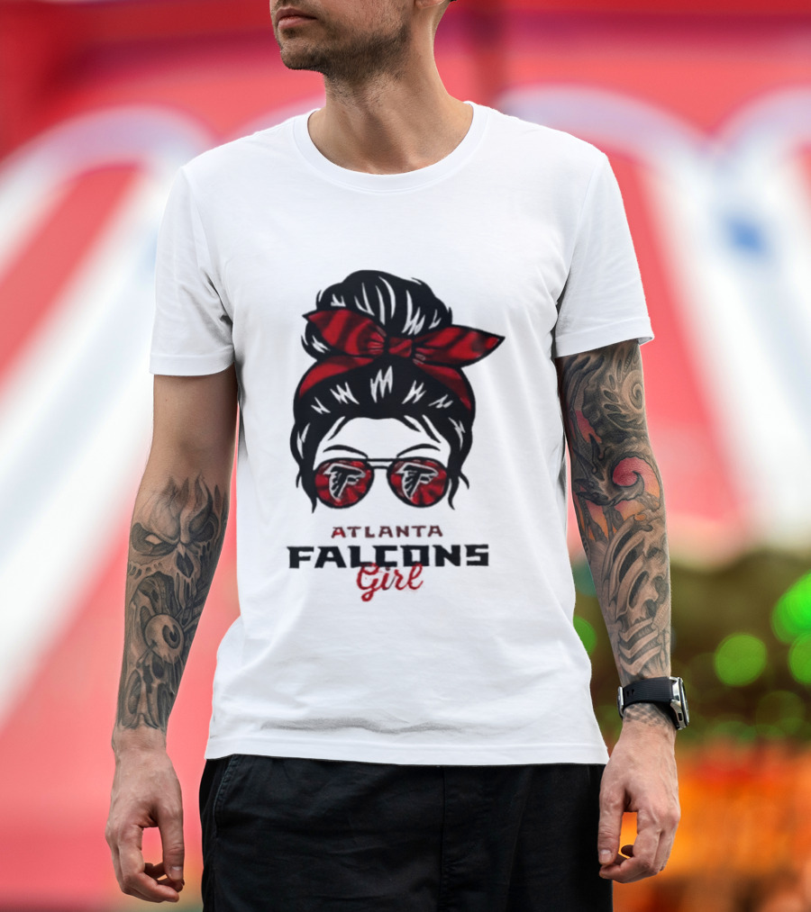 Atlanta Falcons Girl Messy Bun 2026 Bow Sunglasses T-Shirt