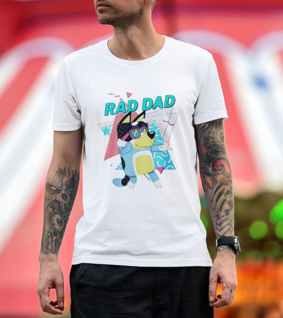 Blue Dog Rad Dad Retro Vibes with Sunglasses and Geometric T-Shirt