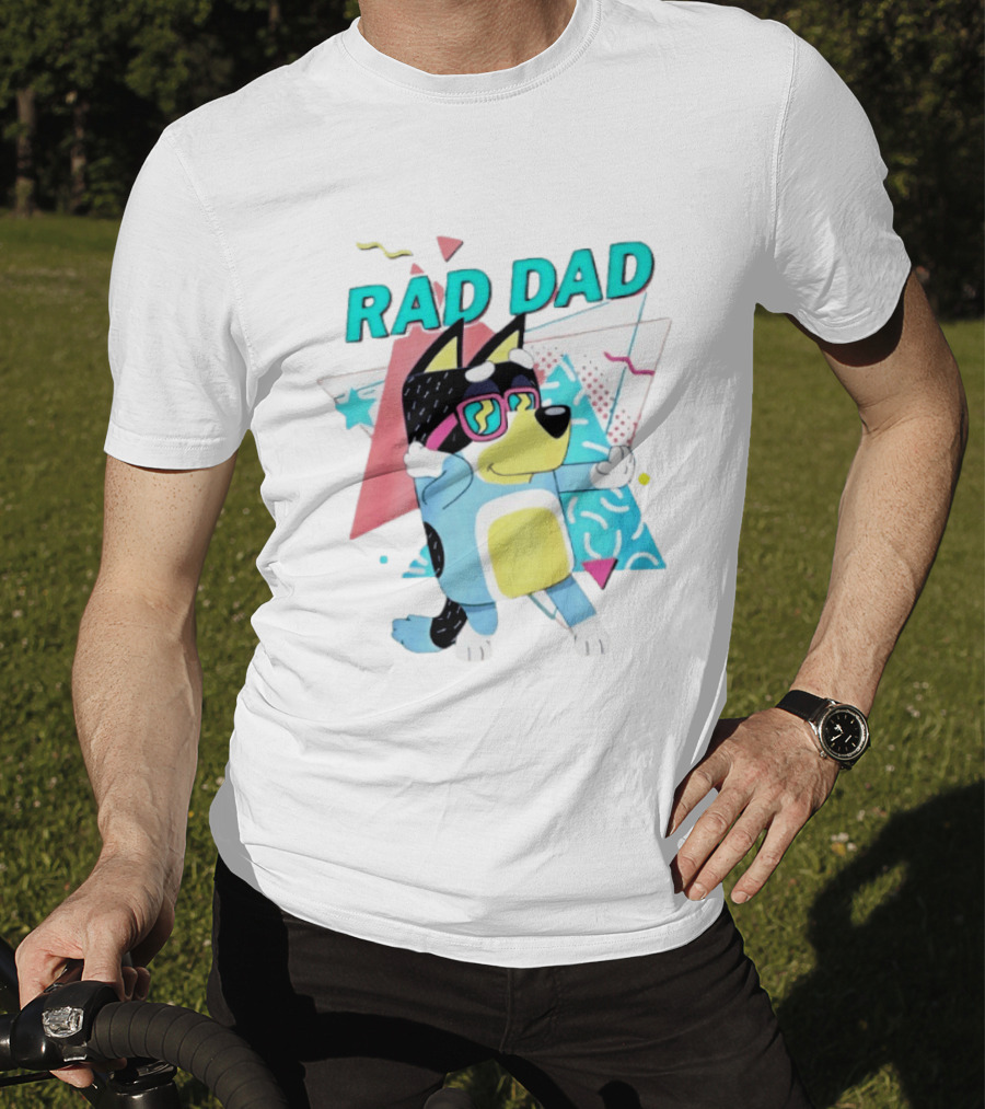 Blue Dog Rad Dad Retro Vibes With Sunglasses And Geometric T-Shirt