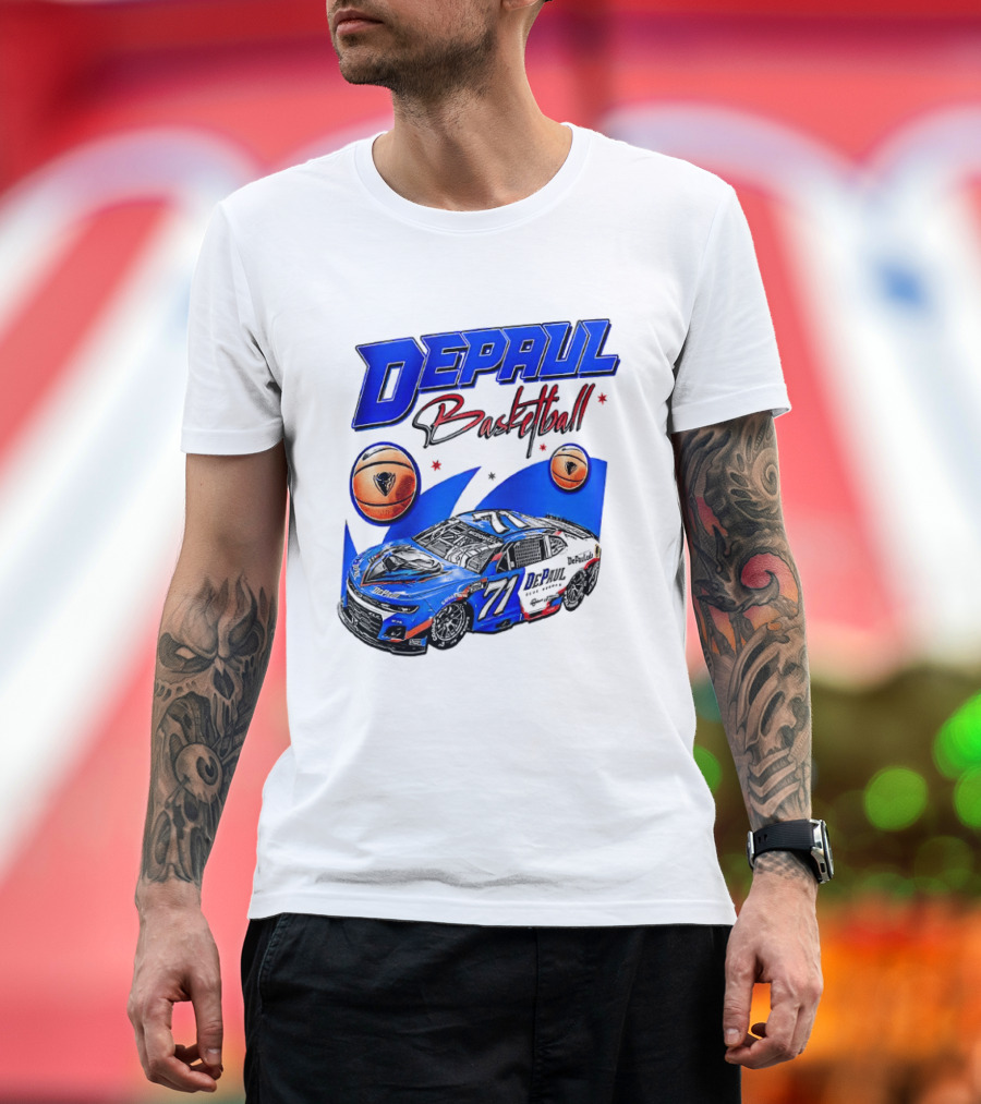 DePaul Basketball NASCAR Collaboration With Blue Race Car And Basketball T-Shirt