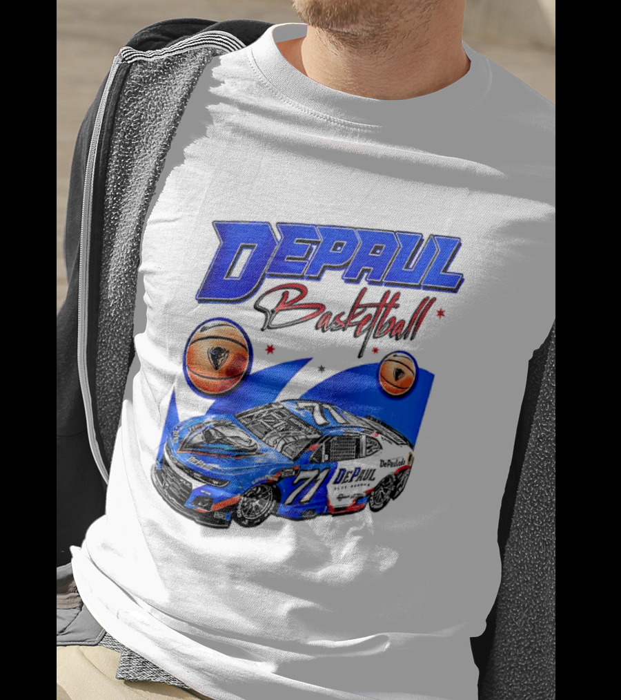 DePaul Basketball NASCAR Collaboration With Blue Race Car And Basketball T-Shirt