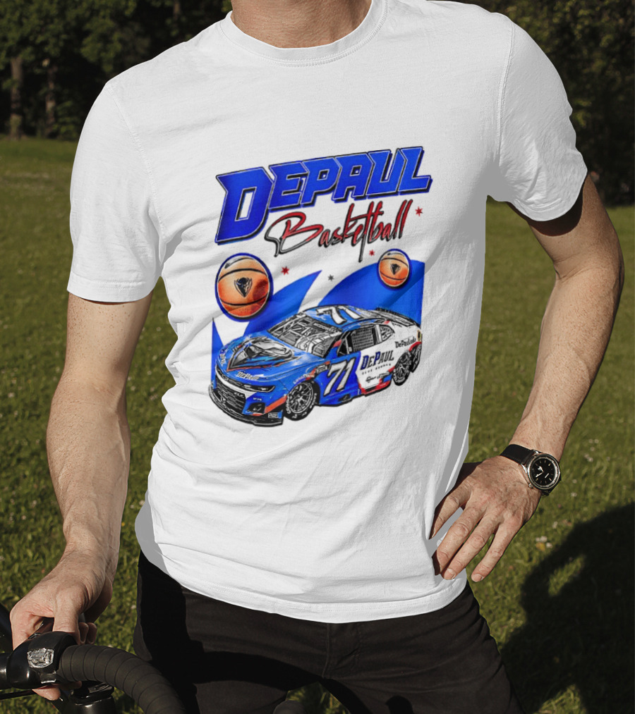 DePaul Basketball NASCAR Collaboration With Blue Race Car And Basketball T-Shirt