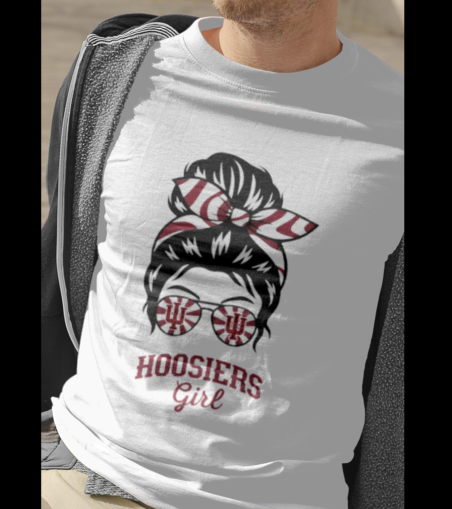 Indiana Hoosiers Girl Messy Bun Sunglasses T-Shirt