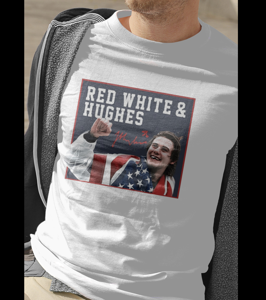 Red White & Hughes Jack Hughes USA Hockey 2026 Golden Goal T-Shirt