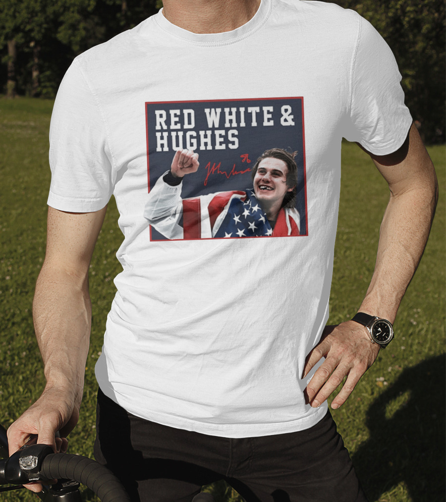 Red White & Hughes Jack Hughes USA Hockey 2026 Golden Goal T-Shirt