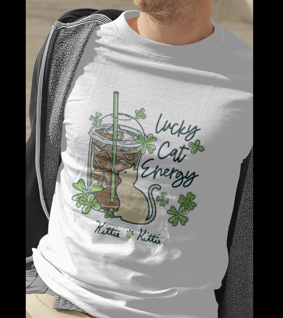 Lucky Cat Energy Kittie Kittie St. Patrick's Day Shamrock Iced Drink T-Shirt