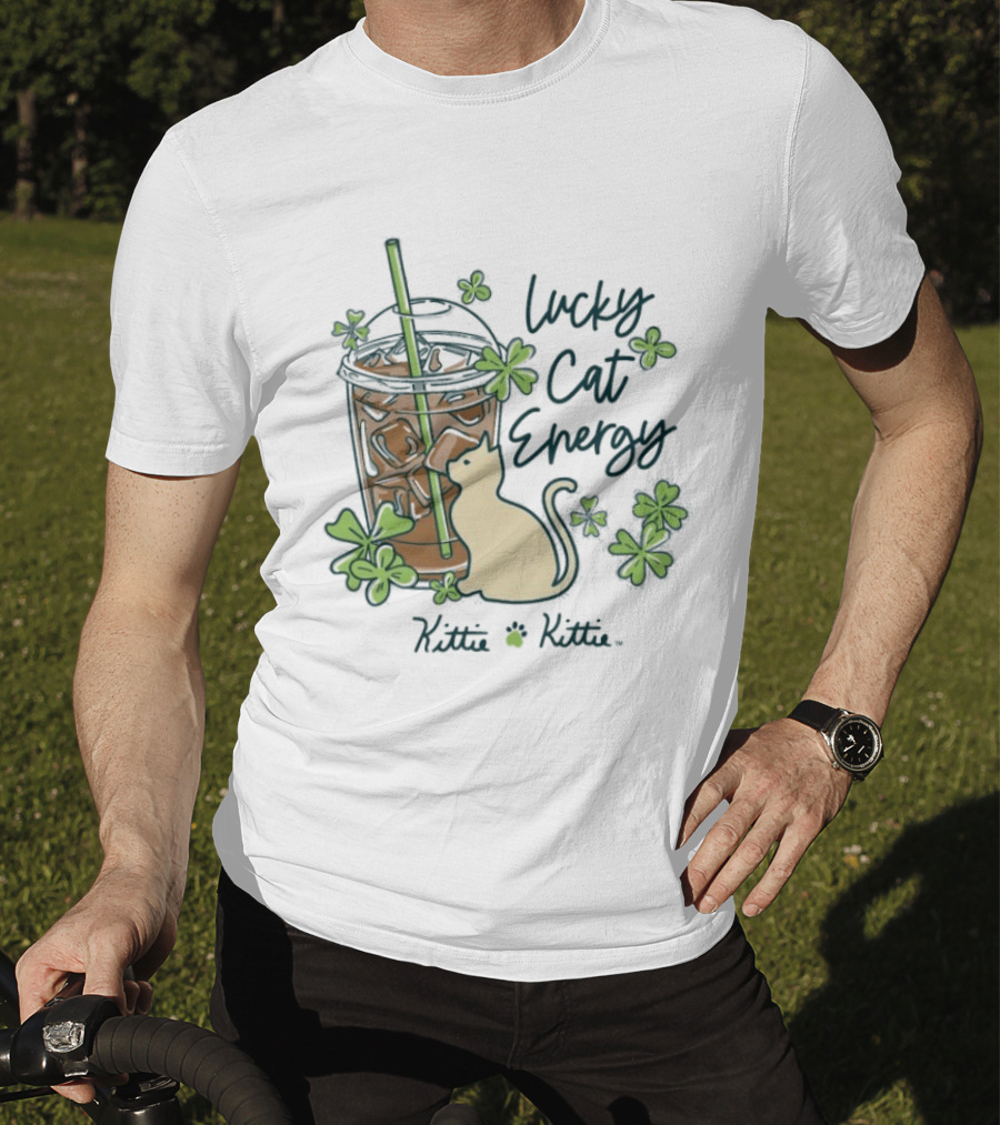 Lucky Cat Energy Kittie Kittie St. Patrick's Day Shamrock Iced Drink T-Shirt