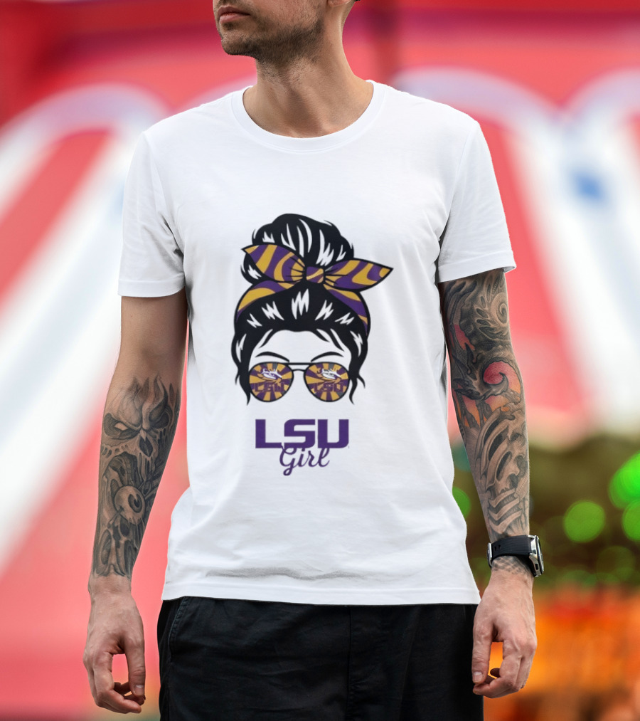 LSU Tigers Girl Purple Yellow Stripes Messy Bun Glasses T-Shirt