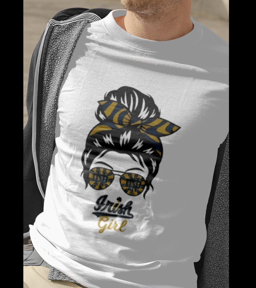 Notre Dame Irish Girl Messy Bun ND Glasses Bow T-Shirt