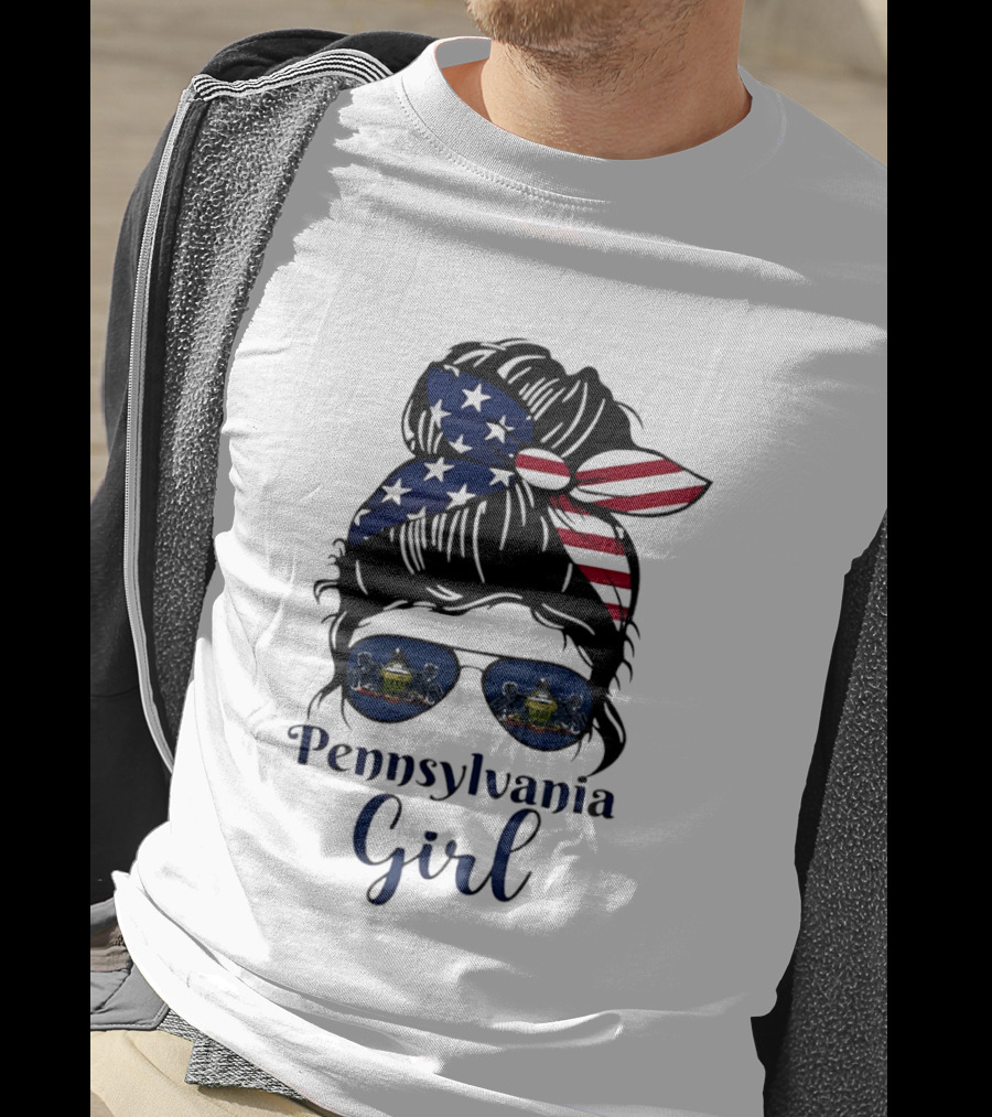 Pennsylvania Girl Messy Bun American Flag Bandana Sunglasses T-Shirt