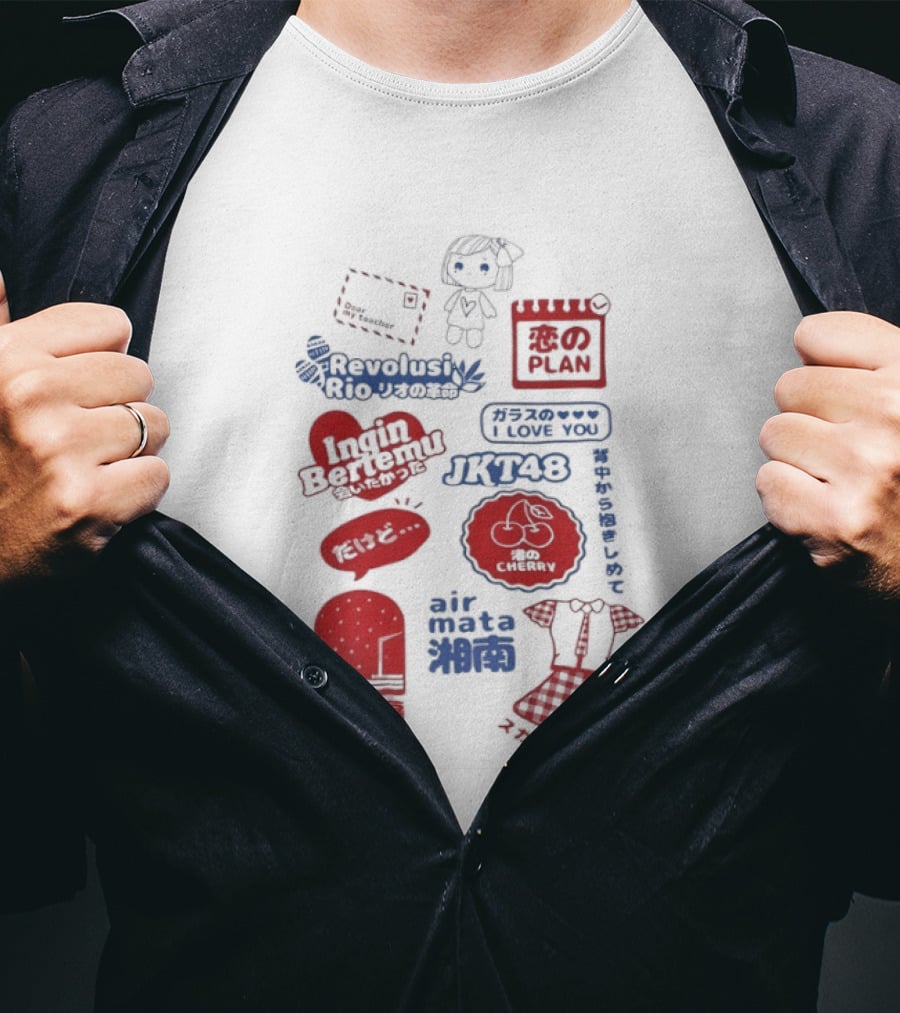 Revolusi Rio Ingin Bertemu I Love You Cherry Letter Doll Jatuh Cinta Hallo Kitty Sentuhan Manis Kecil Romantic Jika Pernah T-Shirt