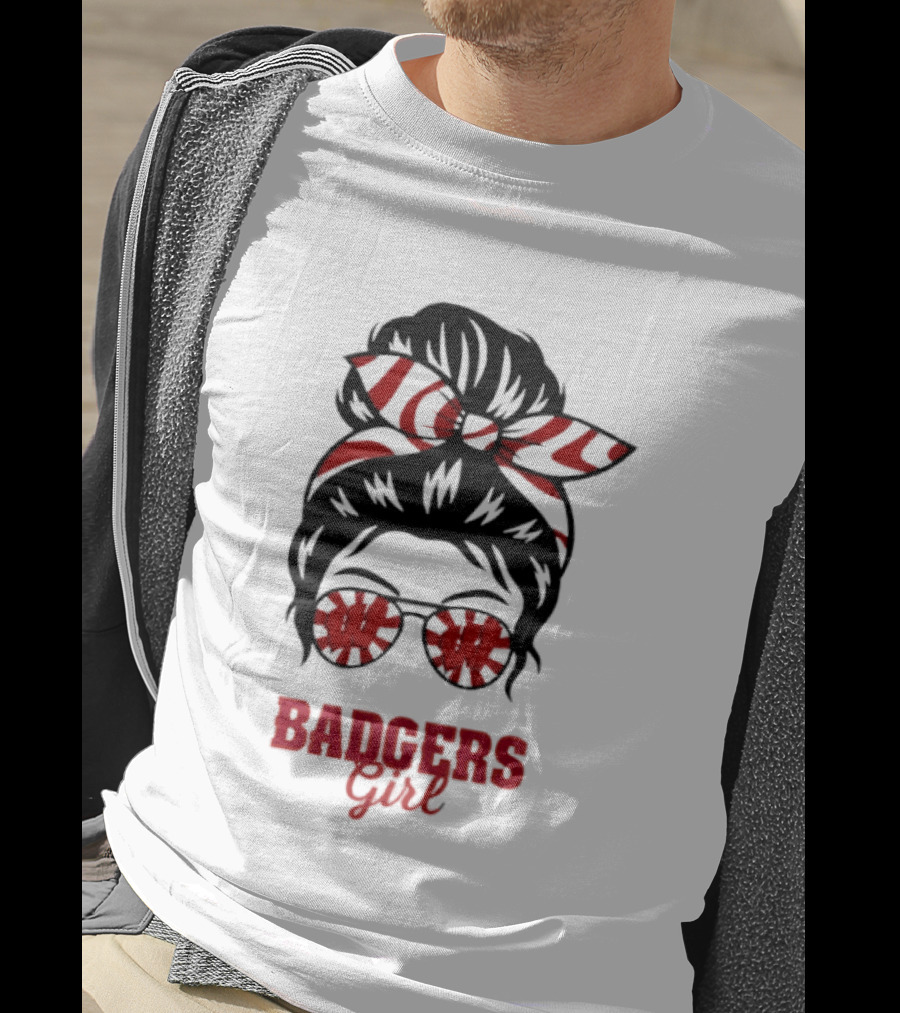 Wisconsin Badgers Girl Messy Bun Glasses Bow T-Shirt