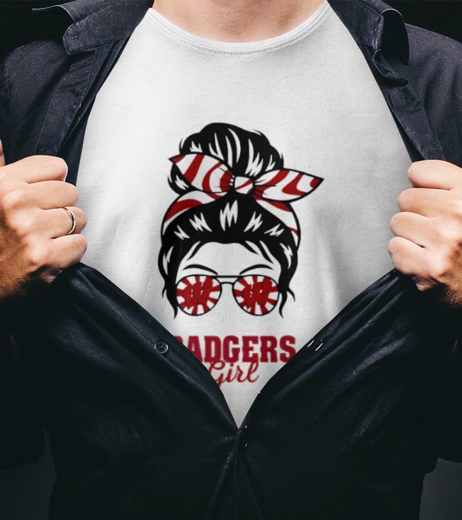 Wisconsin Badgers Girl Messy Bun Glasses Bow T-Shirt